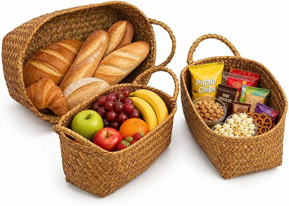Elsjoy Set of 3 Woven Seagrass Baskets with Handles, Oval Wicker Woven Storage Baskets, Rattan Shelf Basket for Fruit, Bread, Kitchen