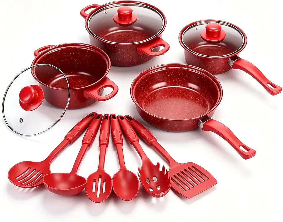 13 Piece Set Non-Stick Cookware Set, Portable Lightweight Cast Iron Pots and Pans with Glass Lids and Nylon Utensils for Outdoor Camping Picnic Travel Cookware