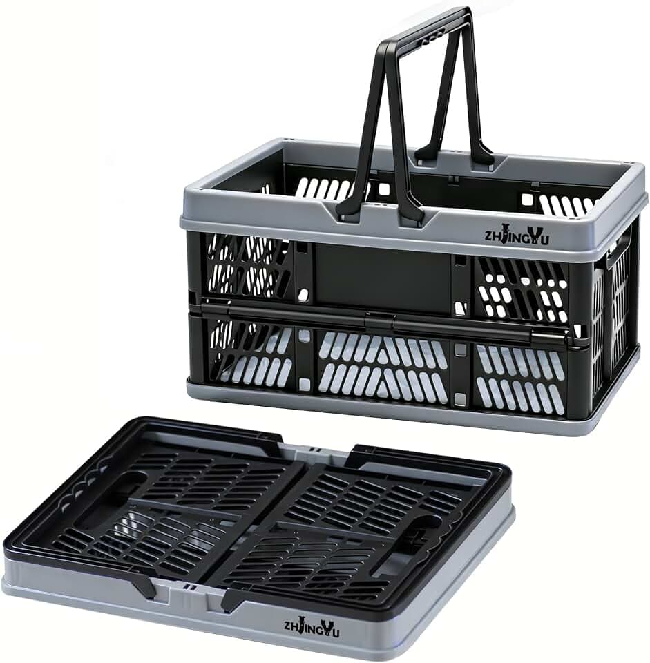 20L Plastic Basket with handles,2-pack Black Collapsible crates for storage