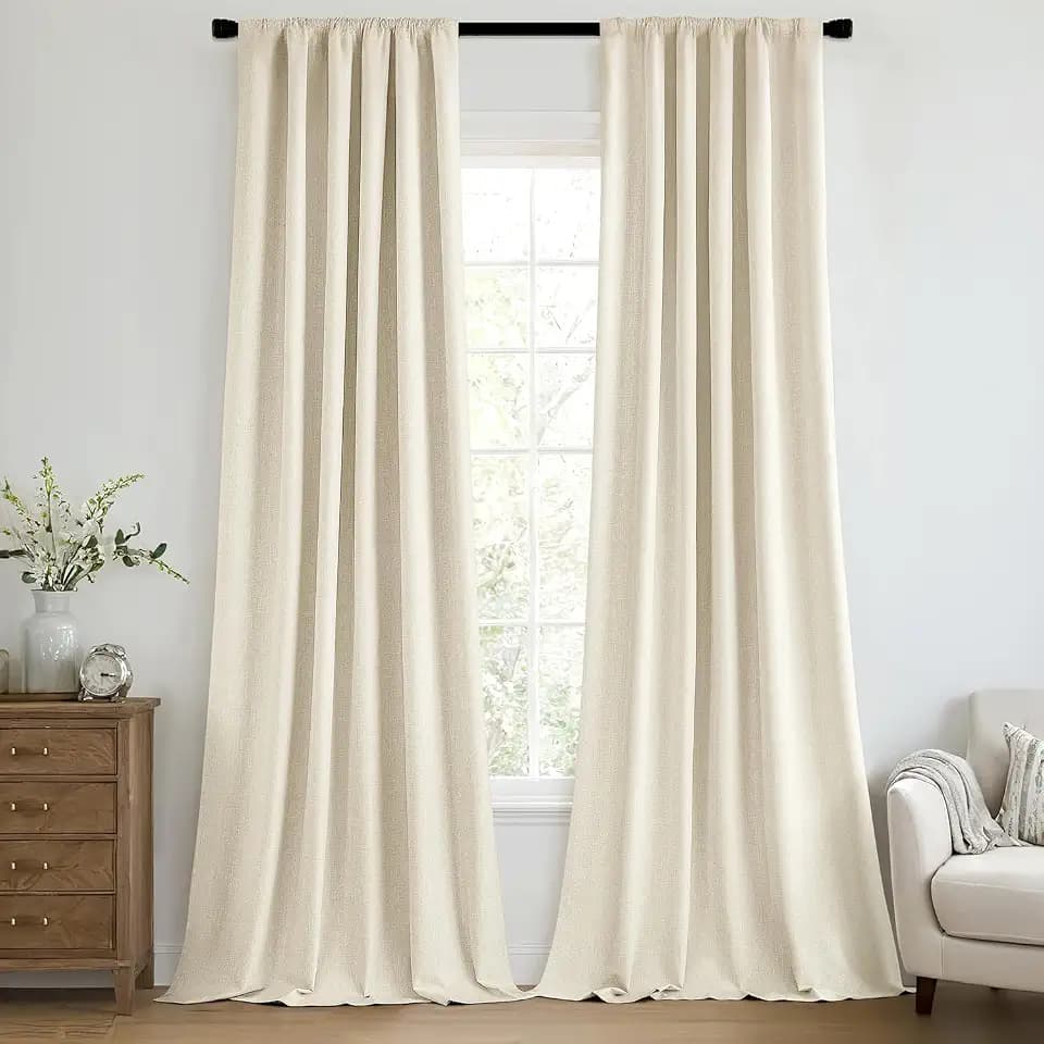 MIULEE 100% Blackout Back Tab Pleat Linen Curtains 50" Wx108 L,Light Cream