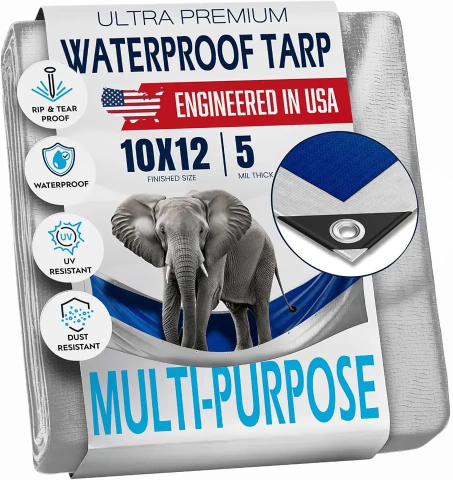 10x12 Tarp Waterproof Plastic Tarp - Grommets Every 18 Inches - 5 Mil - Multipurpose Water Proof Cover for Rain, Outdoor, Garden, Camping, Emergency Survival (Reversible Tarpaulin, Blue and Silver)