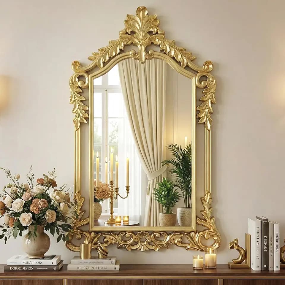 Vintage Gold Arched Mirror, 30"x47" Large Ornate Wall Mirror