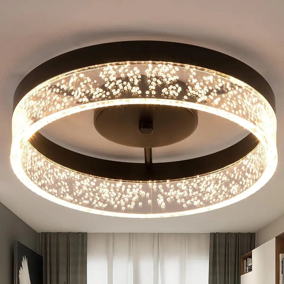 Jaycomey Modern LED Ceiling Light Fixture, 11.65" Black Flush Mount Kitchen Lighting with Clear Seeded Acrylic Lampshade,Round Ceiling Lamp Lights for Dining Room Foyer Hallway, 3000K Warm White