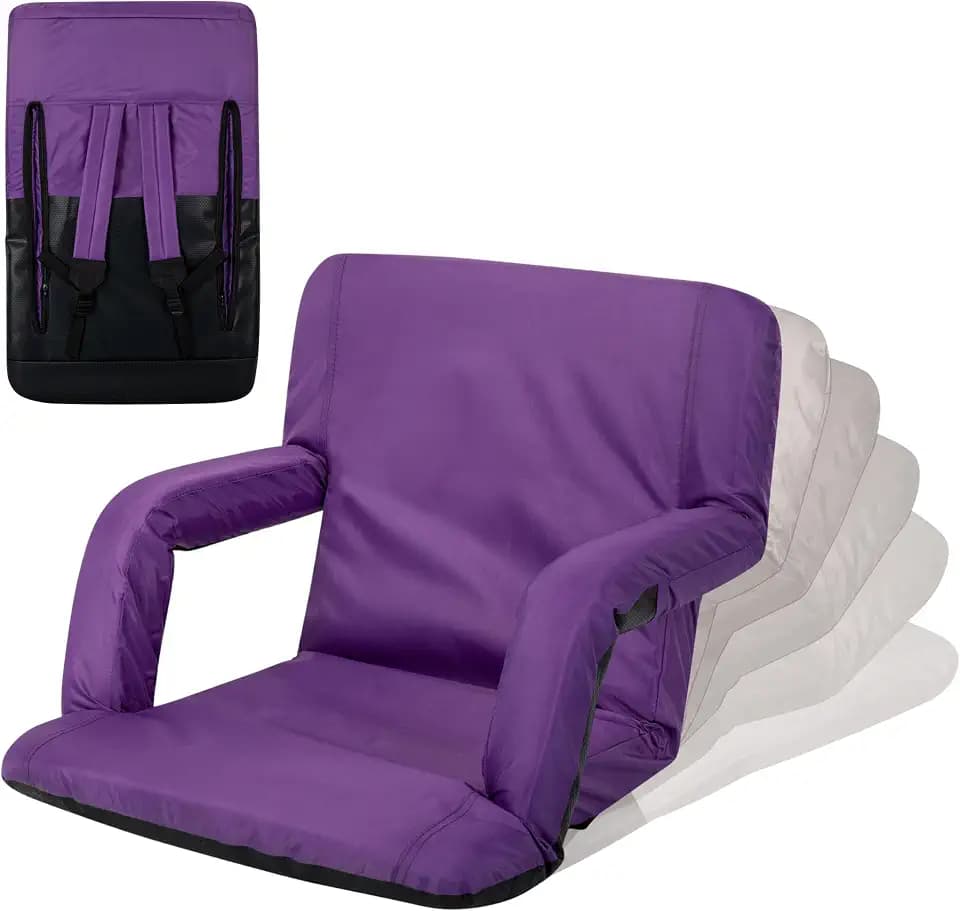 PICNIC TIME Ventura Stadium Seat for Bleachers with Back Support - Portable Reclining Folding Chair, 6 Positions, Padded Cushion Armrests, Lumbar Adjustable Backrest, Backpack Straps, (Purple)