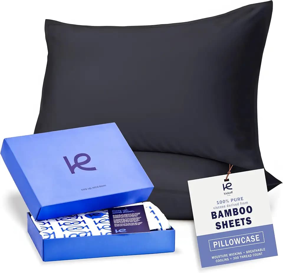 Kickoff Viscose Bamboo Pillowcase, Queen, Set of 2, 100% Organic Hidden Zippered Viscose Bamboo Pillow Case Queen Size, Cooling Pillow Cover for Hot Sleepers (20"x30", Onyx Black)