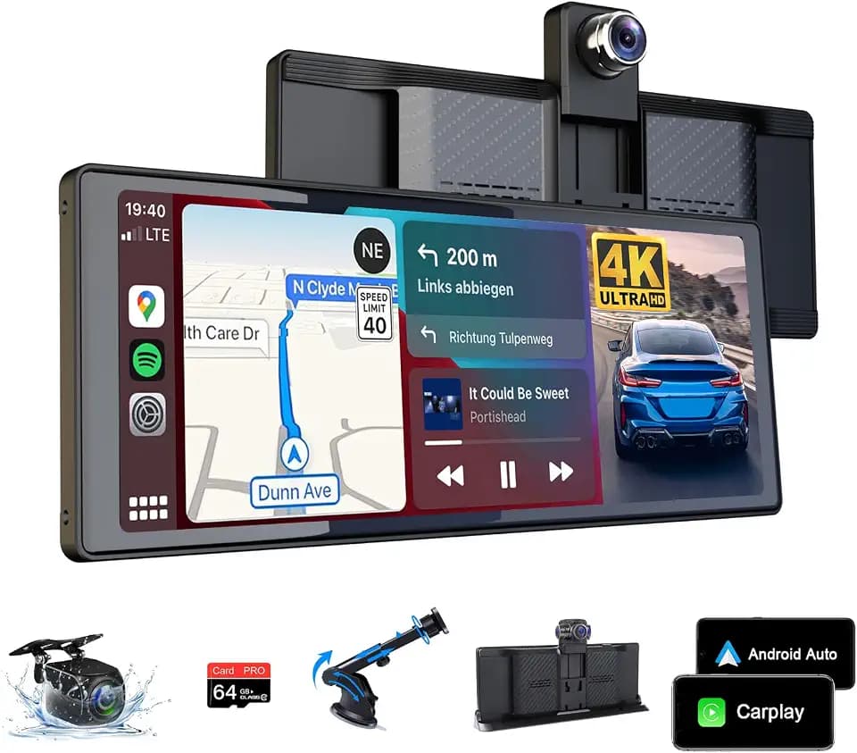 4K Apple Carplay Android Auto Display mit Exklusive Halterung, 350° Drehbare 10,26 Zoll Auto Display Car Play Bildschirm, Buddy Display mit Siri/G-oogle GPS Navigation Bluetooth 64GB TF-Karte