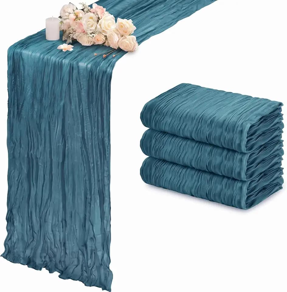 Table Runner Cheesecloth Mothers Day 10FT Boho Rustic Farmhouse Gauze for Spring Decor Cheese Cloth for Wedding Baby Shower Bridal Birthday Party Home Decorations (Peacock Blue, 3 Pack)