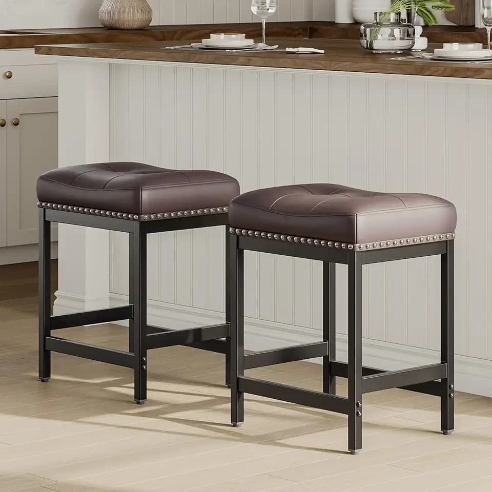 MALOL Set of 2 Saddle Bar Stools Counter Height 24.4”, Brown Backless Barstools for Kitchen Island, Modern PU Leather Cushioned Seat, Bar Chairs for Kitchen Counter, Breakfast Bar Stools for Home
