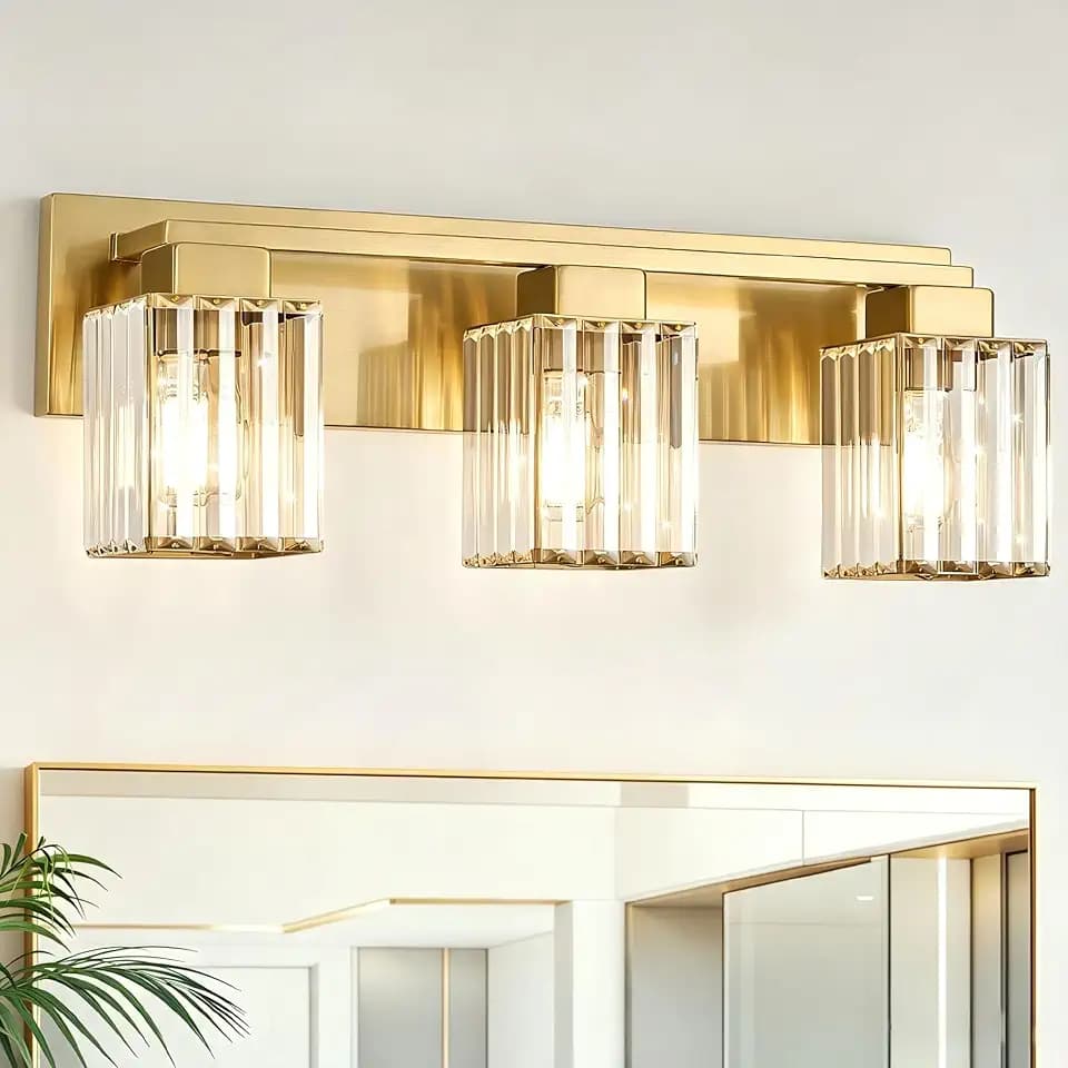 Brushed Gold Bathroom Light Fixtures, 3-Light Square Crystal Vanity Light