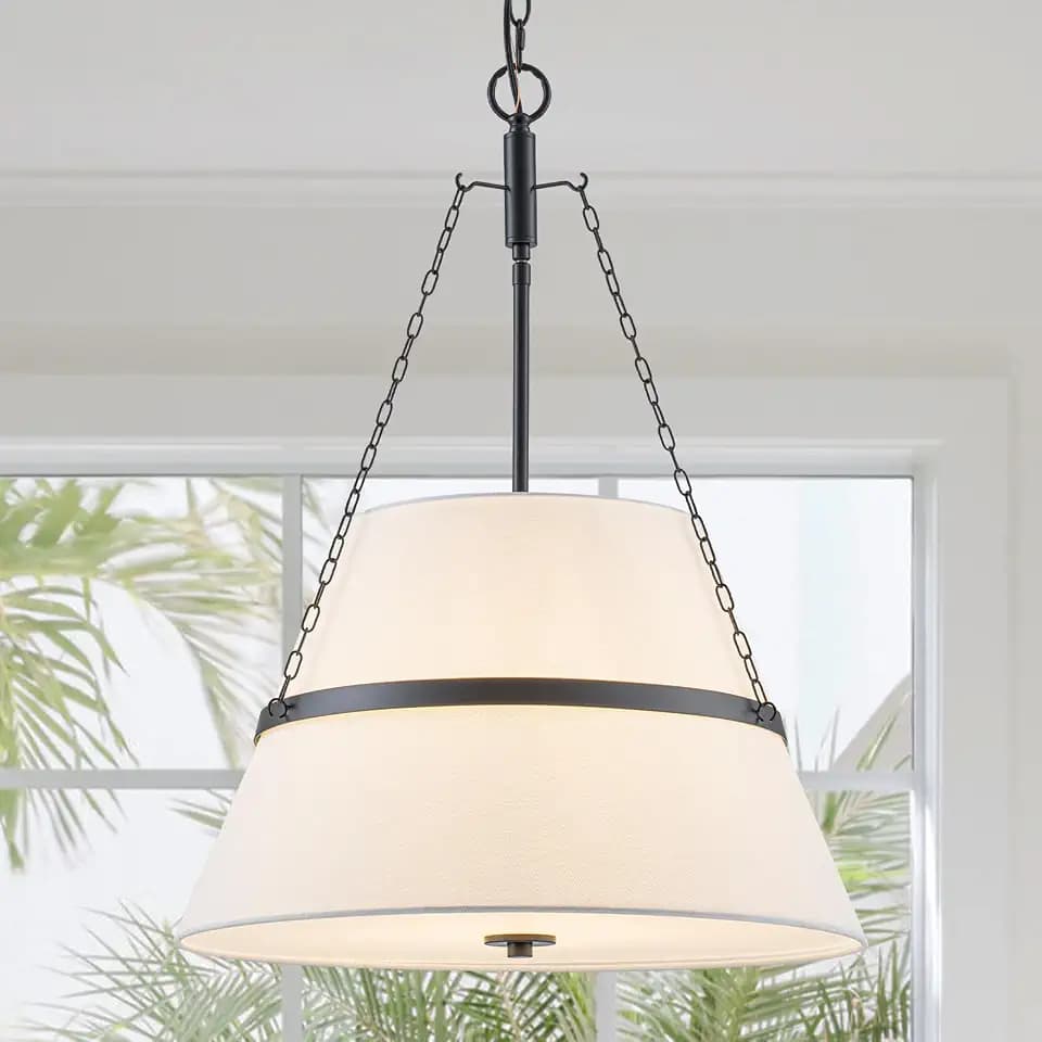 20" Black Drum Chandelier for Dining Room, White Linen Shade Pendant Light