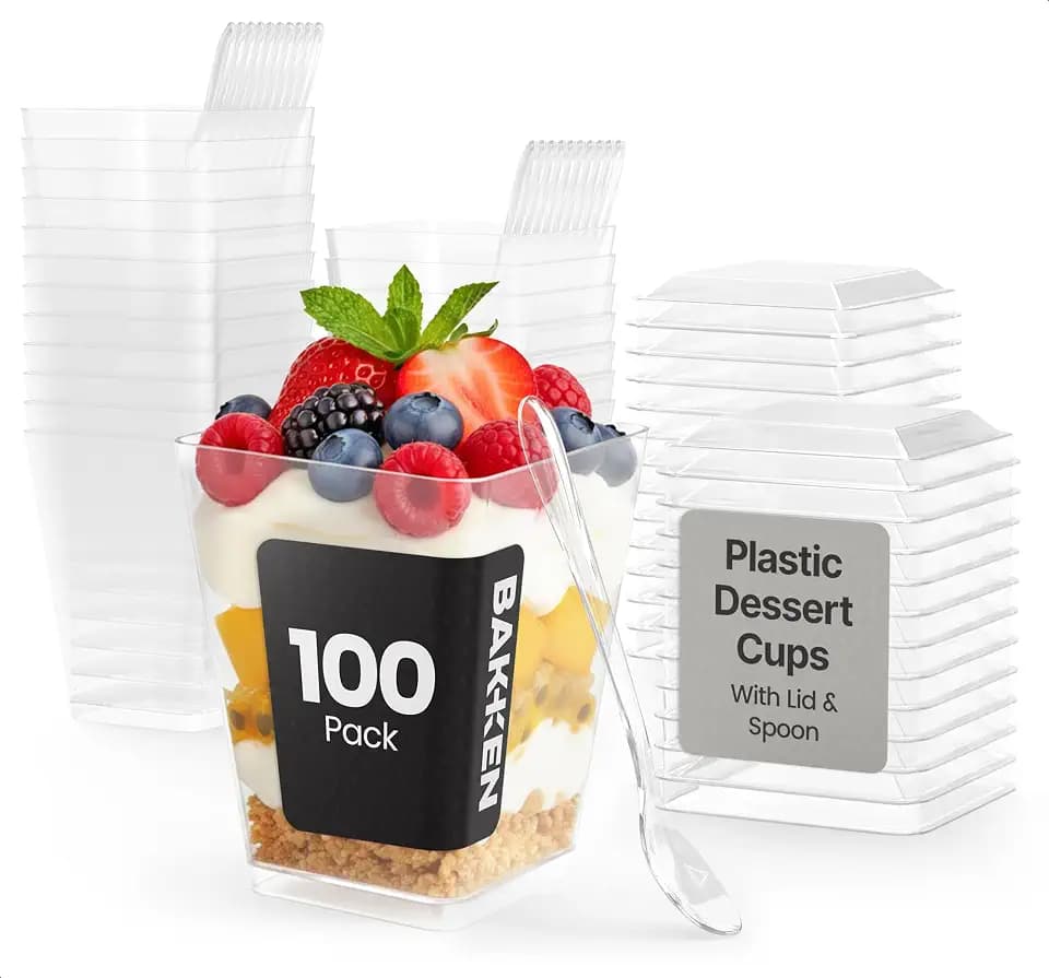 Plastic Dessert Cups with Lids and Spoons (100 Pack) – Single-Serve Parfait & Appetizer Cups, Spill-Resistant, Heavy-Duty Design, Ready-to-Use for Parties, Catering & Special Events BPA-Free