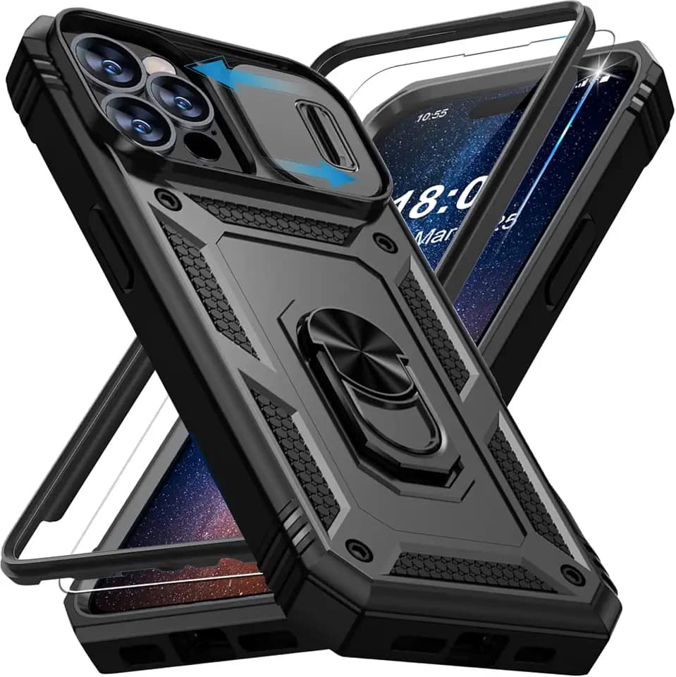 Giyer Handyhülle für iPhone 14 Pro Max Hülle mit Schutzfolie, Panzerhülle Case mit Kameraschutz 360° Metall Ring Ständer Stoßfest Bumper Schutzhülle für iPhone 14 Pro Max Cover Tache (Schwarz)