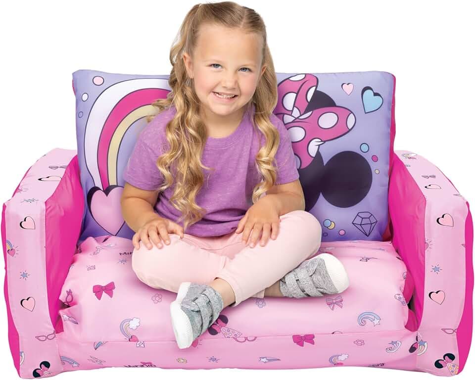 Minnie Mouse Inflatable Sofa Bed for Kids – 2-in-1 Flip Open Couch to Lounger & Nap Mat, Over 4ft Long, Removable Cover, Indoor/Outdoor Use, Ages 2–5