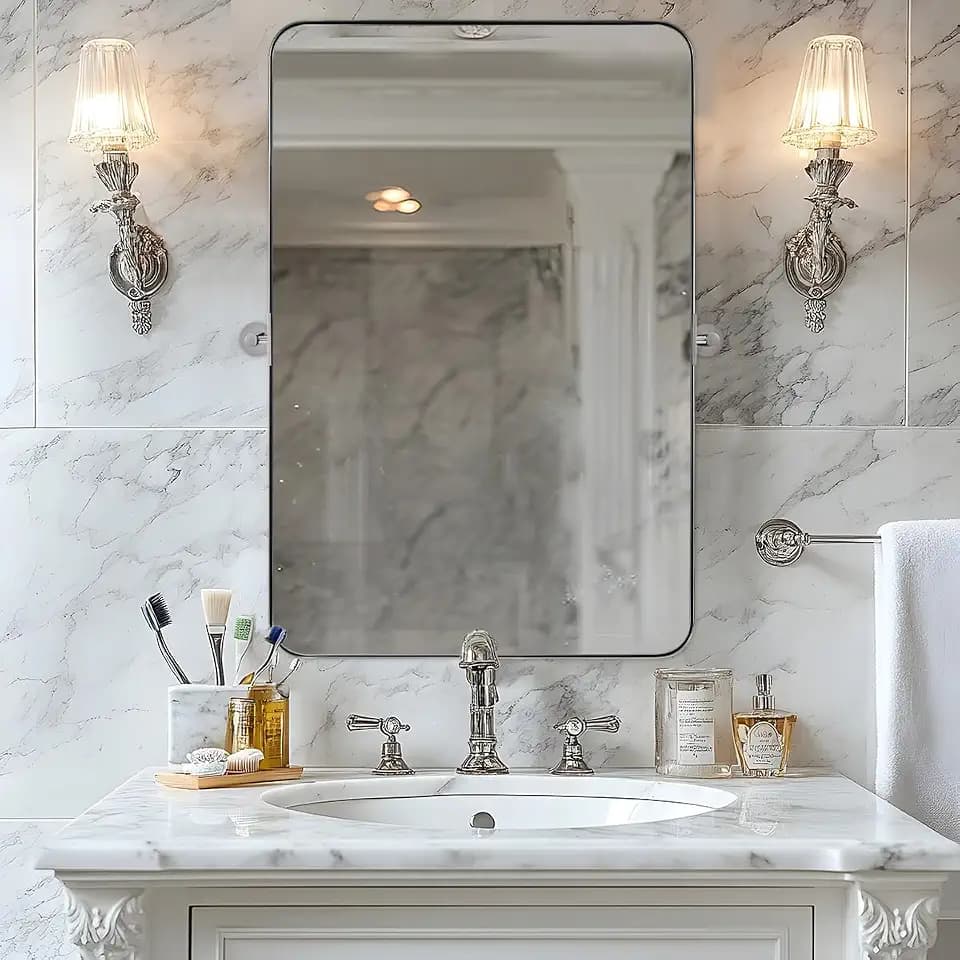 ANDY STAR Chrome Pivot Bathroom Mirror, 22" x 34" Chrome Tilting Wall Vanity Mirror, Rounded Rectangle Metal Frame Pivots Vertically Only (Overall 26.33" x 34")