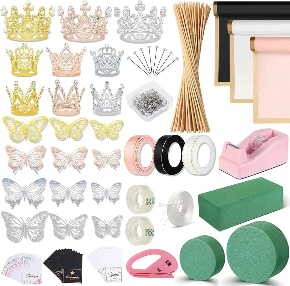 Majreey Floral Wrapping Paper Kit, 60Sheet Waterproof Florals Paper, 3Rolls Ribbon for Flower Bouquet, 2Rolls Transparent Tape,100Pcs Flower Pins, 48Pcs 3D Butterflies, 9Pcs Crowns 3 Flora Foam Blocks