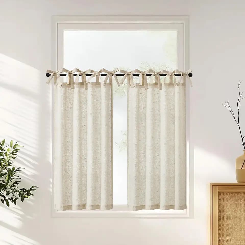 jinchan Solid Linen Kitchen Tier Curtains 45 Inches Tie Top 2 Panles Crude