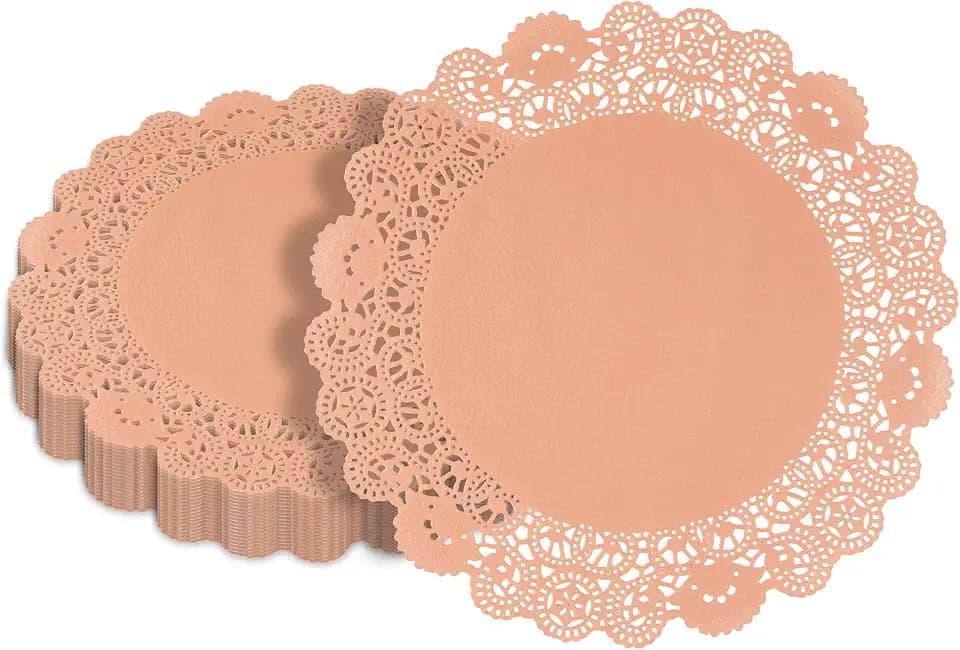 Pastry Tek 12 x 12 Inch Paper Lace Doilies, 100 Disposable Table Doilies - Elegant Lace Finish, Long Lasting, Coral Paper Doily, for Pastries, Cupcakes, Desserts - Restaurantware