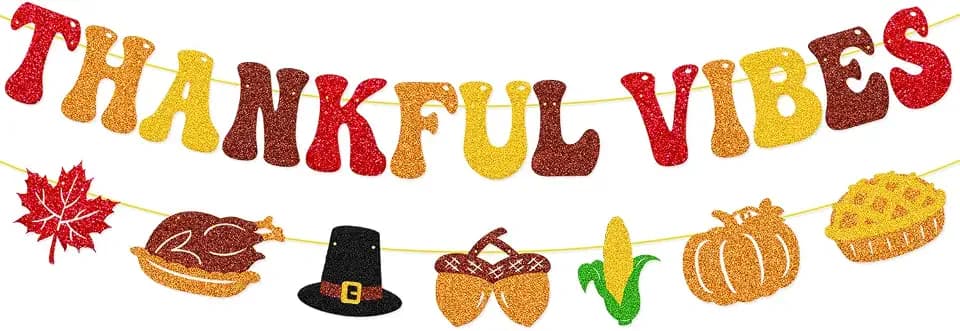 Thankful Vibes Banner Thanksgiving Party Decorations Friendsgivng Backdrop Thankful Decor Give Thanks You for All You Do Garland Turkey Pumpkin Pie Fall Leaves Theme Party Decor
