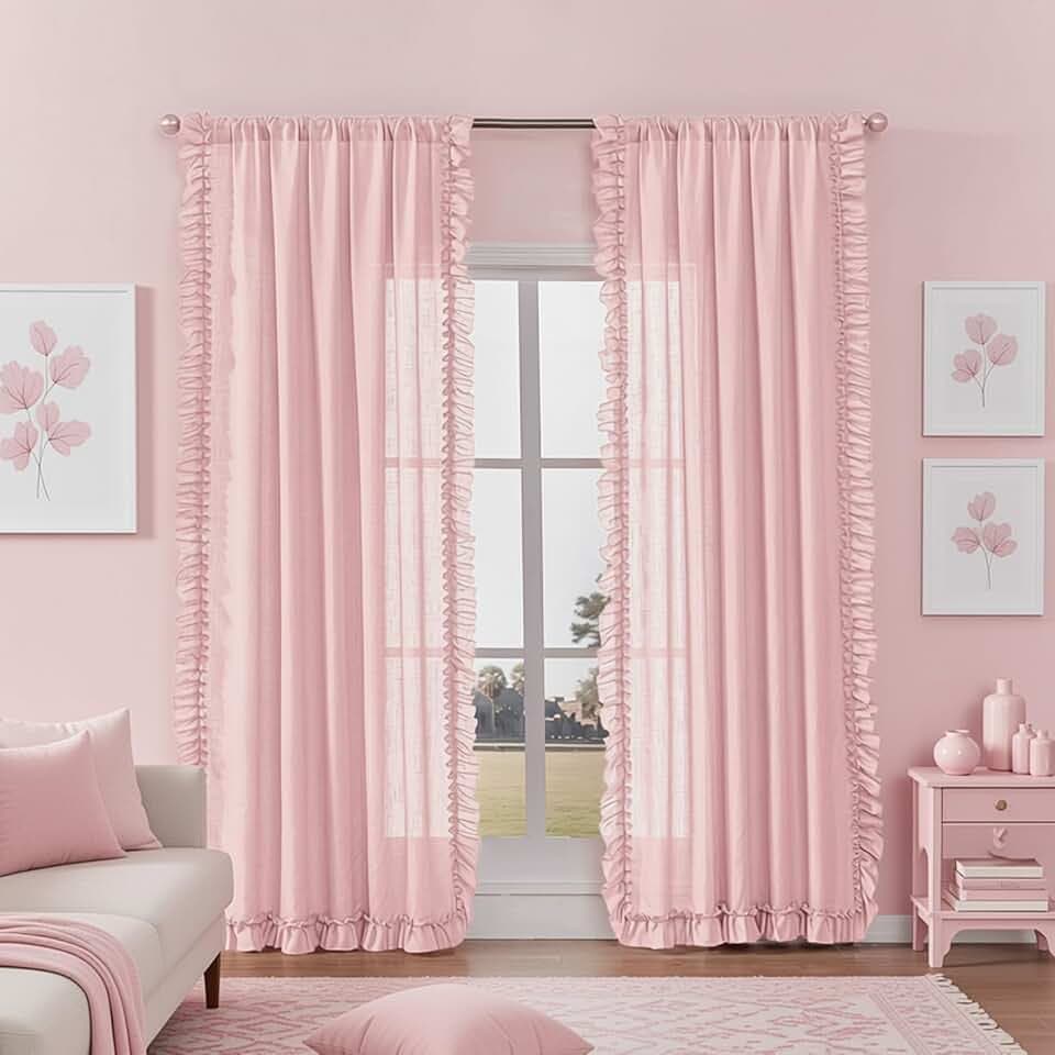 Blush Pink Linen Ruffled Curtains Girls Room 58 x 72 Inch, 2 Panels