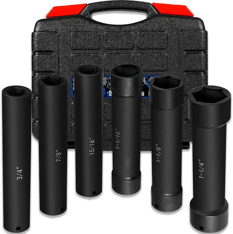 1/2 Inch Drive Extended Length Impact Socket Set - 6 Piece Extra Deep Impact Socket Set - Hex Size 3/4", 7/8", 15/16", 1-1/16", 1-1/8", 1-1/4" Heavy Duty With Storage Case For High Torque Use