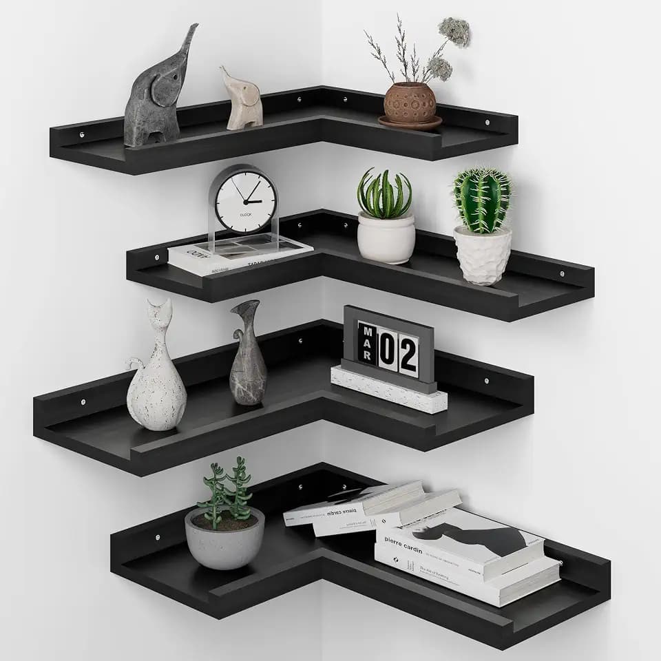 4-Tier L-Shaped Pine Wood Wall Shelf - Floating Corner Shelves with Lip, Black, Modern, Living Room, Bedroom, Bathroom Storage