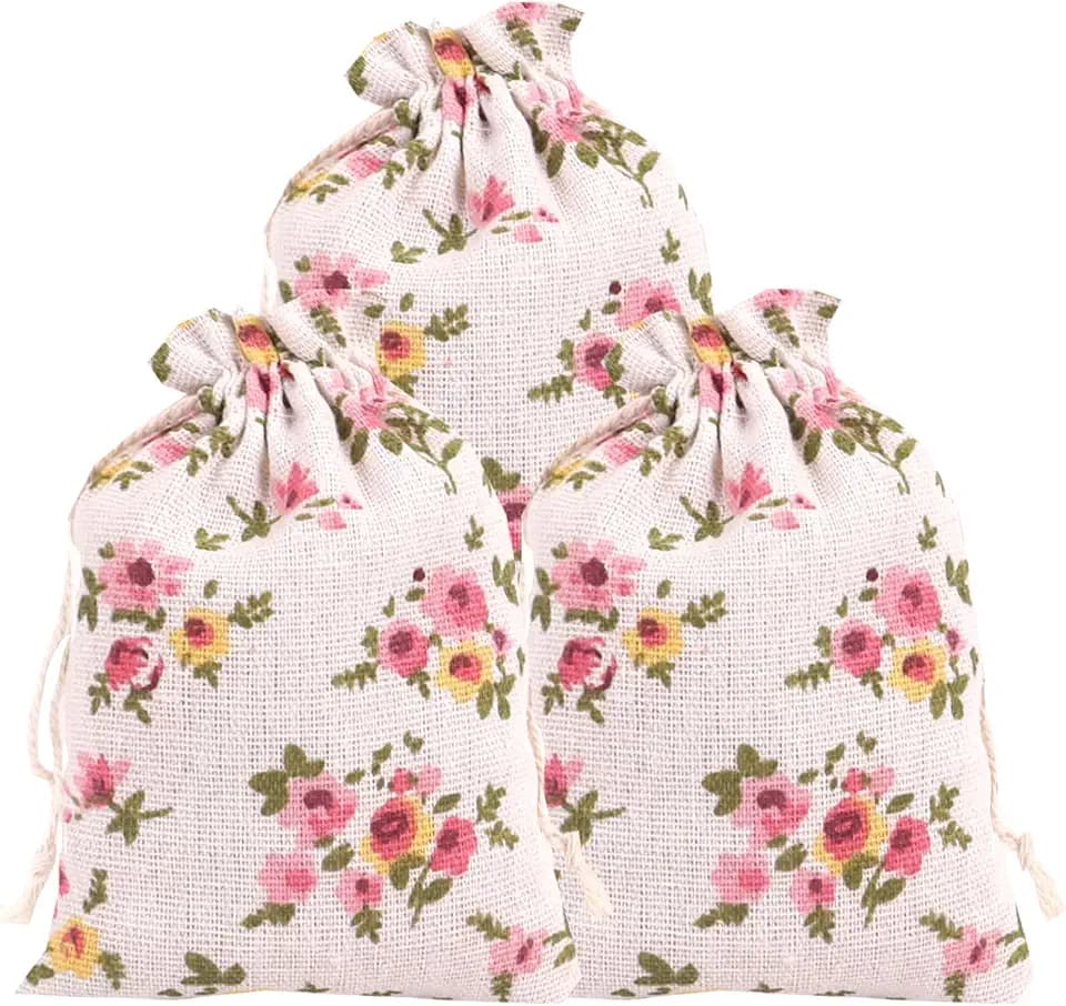 RIGHTA TECH Pink Vintage Flower Gift Treat Bags Drawstring Gift Bag Spring Floral Favor Goodies Bag for Spring Easter Party,Birthday Party,Mother's Day, Wedding,Bridal Shower Decorations