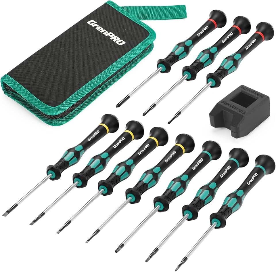 GRENPRO 10-Piece Precision Screwdriver Set, Magnetic Small Screwdrivers with Phillips, Slotted, Torx Star for Eyeglass, Watch, Computer, Laptop, Phone,Green