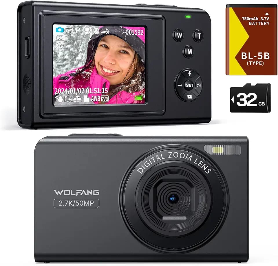 WOLFANG Digitalkamera, 2.7K Kinderkamera für Fotografie, 50MP Kompaktkamera für Vlogging, 16X Digitalzoom Fotoapparat Klein Einfache Bedienung, Autofokus, Geschenk für Kinder, Kids, Anfänger