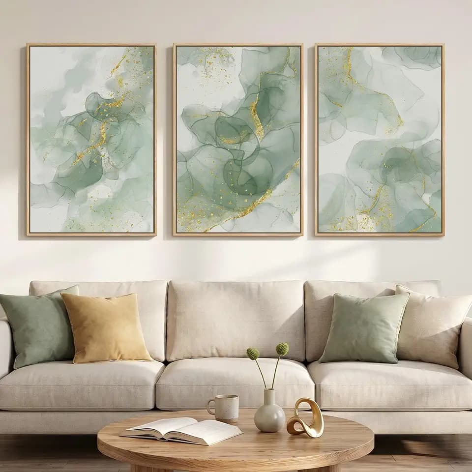 Large Framed Sage Green Abstract Wall Art for Living Room, 3 Piece 24x36 In