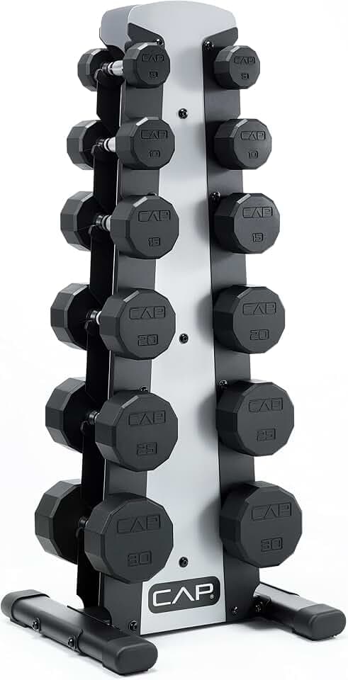 CAP Rubber Coated Dumbbell Weight Set with Vertical Rack | 100 lb, 150 lb, and 210 lb Options