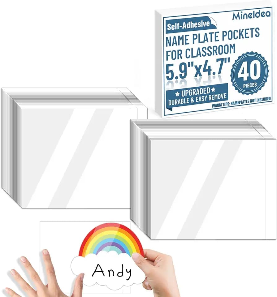 40 PCS Nameplate Pocket, 5.9" x 4.7" Adhesive Desk Nameplates Name Tag Pocket, Upgrade Crystal Clear Scratch Proof Easy Remove Name Tag Sleeves for Classroom Desk