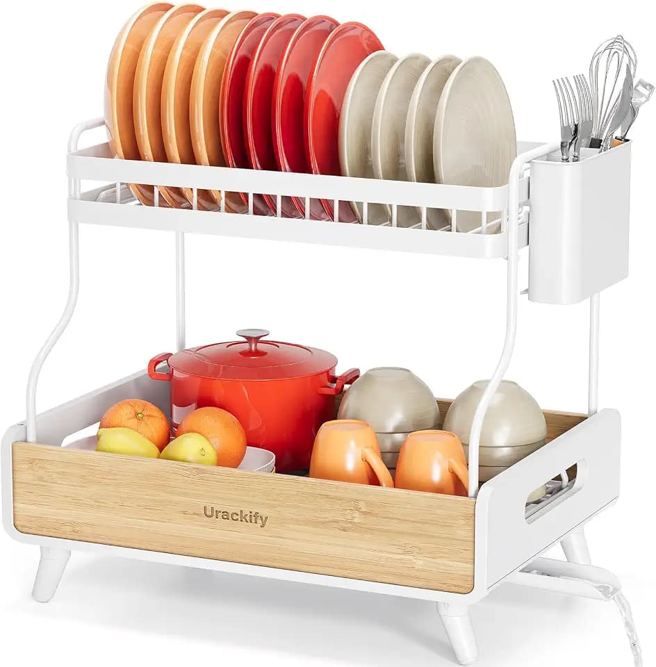 Urackify 2-Tier Stainless Steel&Bamboo Dish Rack for Kitchen Counter,White