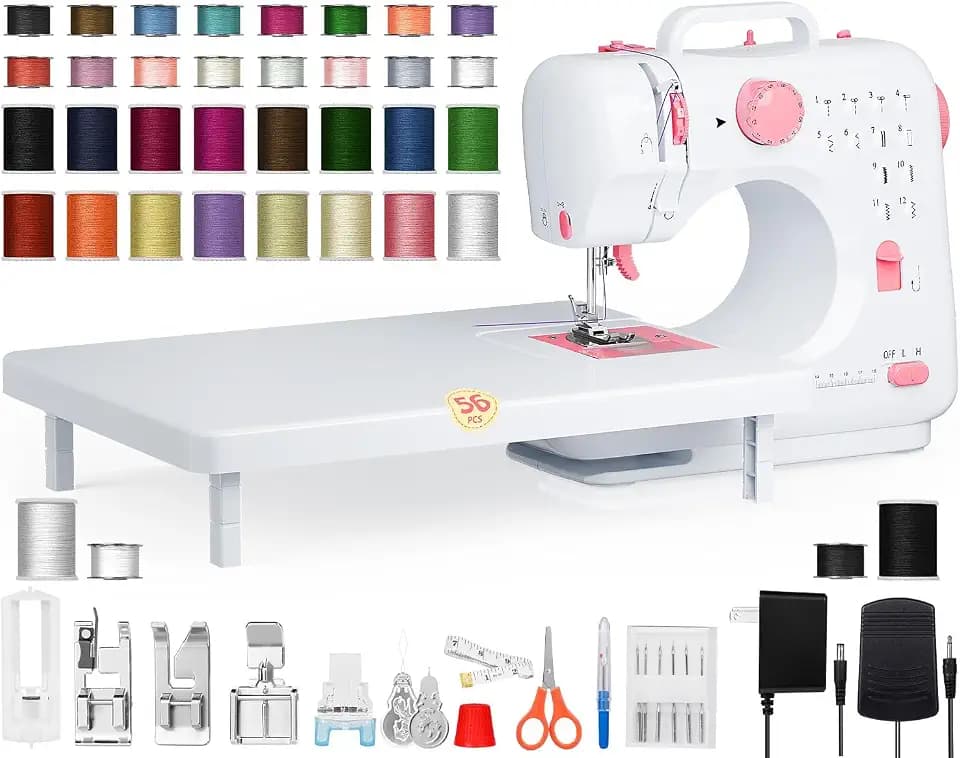 Portable Sewing Machine for Beginners, Small, Easy to Use, Extension Table, 12 Built-In Stitches, Reverse Sewing, LED Light and 32 Color Thread Set for Home Repairs, Crafts, Adults and Kids, BlushPink