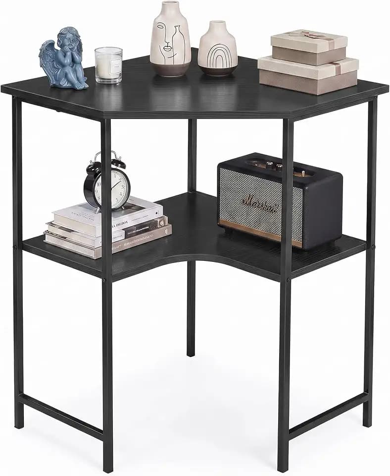 VECELO Small Corner Desk, Triangle Computer Desk with Storage Shelves for Small Spaces, 33 x 30 inches Corner Makeup Table for Home Office Bedroom, Black