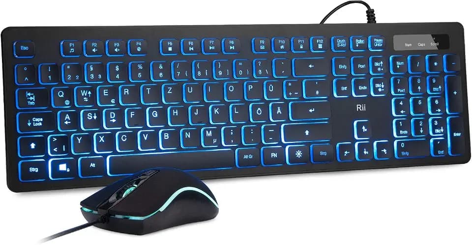 Rii Gaming Tastatur und Maus Set mit Kabel, 3 LED Hintergrundbeleuchtung QWERTZ (DE-Layout), Kabelgebundene Tastatur mit Maus für PC, Computer, Laptop, Schwarz