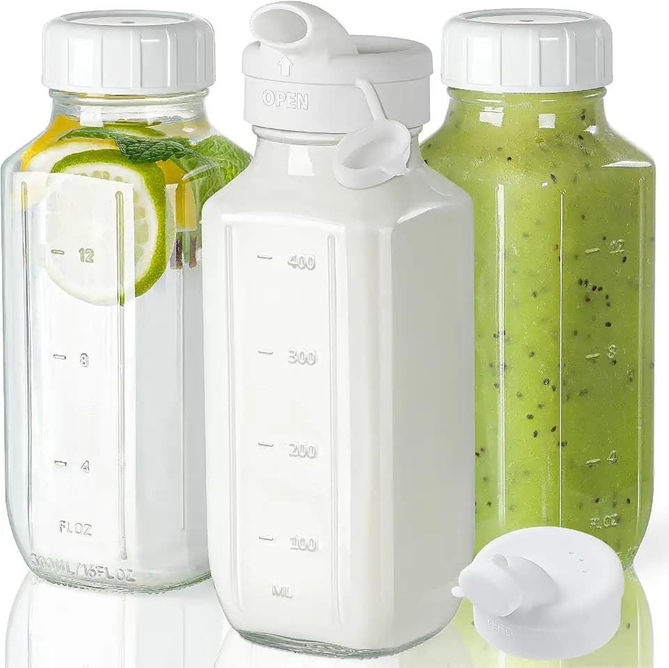 Syntic 3 Pack 16 Oz Glass Juice Bottles with Lids & 2 Pour Spouts