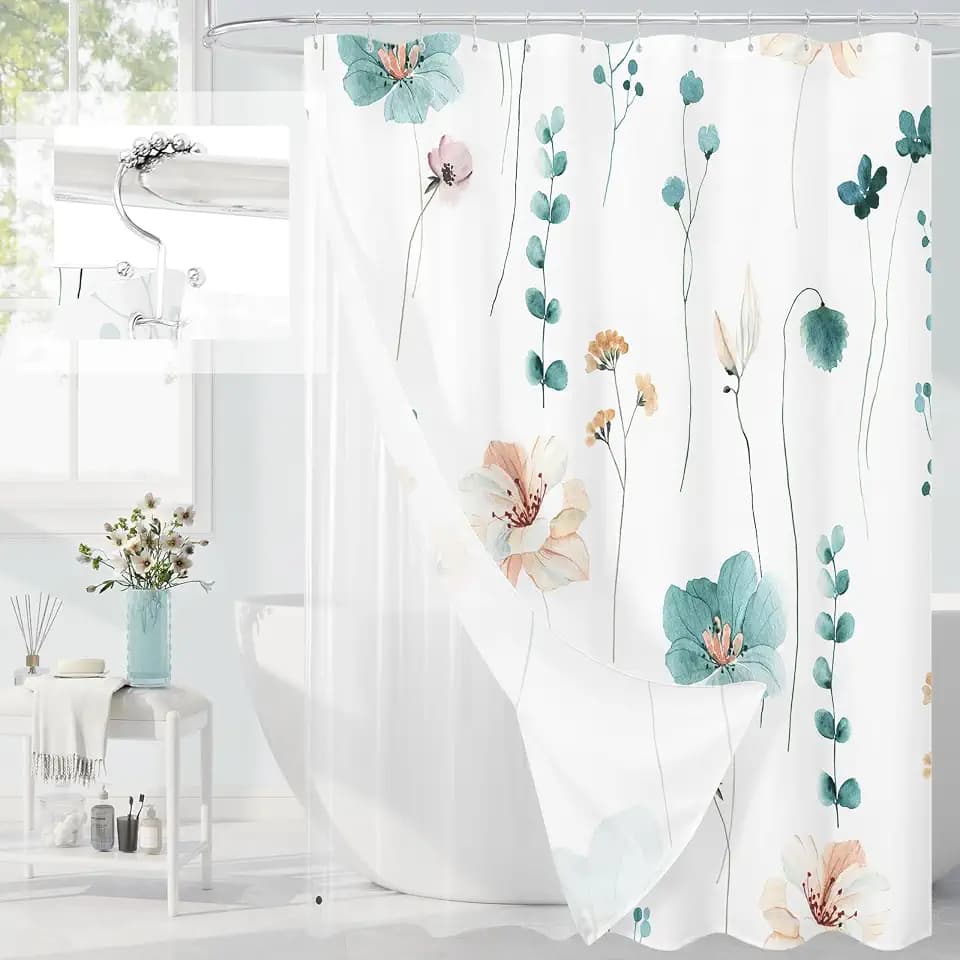 Gibelle 3 in 1 Teal Watercolor Floral Shower Curtain Liner Set, 72x72