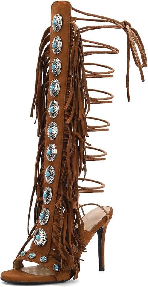 FancyQueen Gladiator Heels for Women Open Toe Lace up Cowgirl Fringe Heels