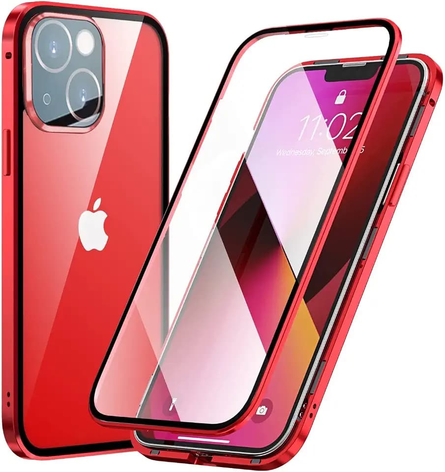 Hülle für iPhone 13 Magnetische Adsorption Handyhülle 360 Grad Stoßschutz Vorne hinten Gehärtetes Glas Schutzhülle Metallrahmen Cover Case - Rot
