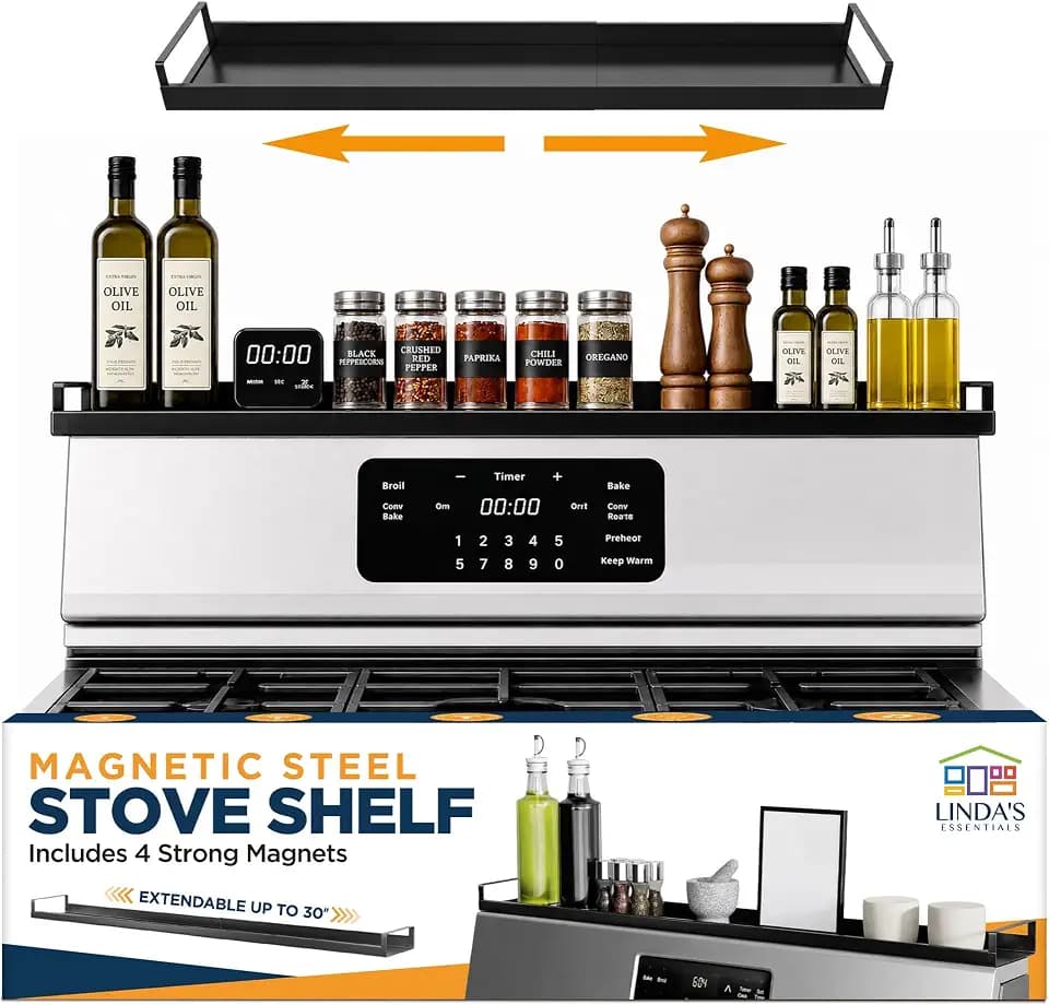 Extendable Steel Over the Stove Shelf for Back of Stove (16 to 30 Inches) Magnetic Stove Top Shelf for Kitchen Stove, Over Stove Shelf for Back of Stove - Over the Stove Spice Rack Shelf