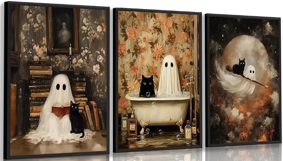 3Pcs Halloween Ghost Wall Art Funny Gothic Moody Ghosts and Black Cat Painting Picture Wall Decor Reading Horror Dark Academia Poster Print Artwork for Bathroom Livingroom Home Decoration Unframed