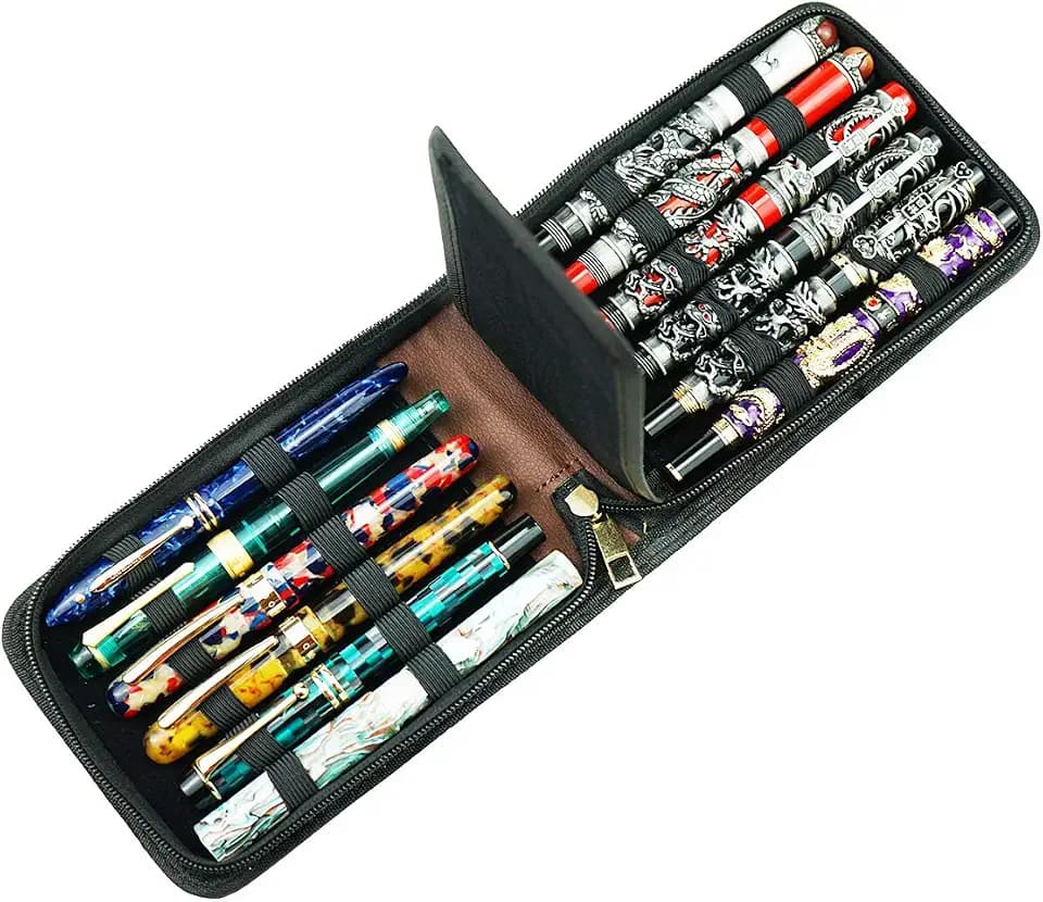 12 Fountain Pen Case PU Leather, Rollerball Pen Display Holder Bag, Pouch Large Capacity for Your Collection - Brown