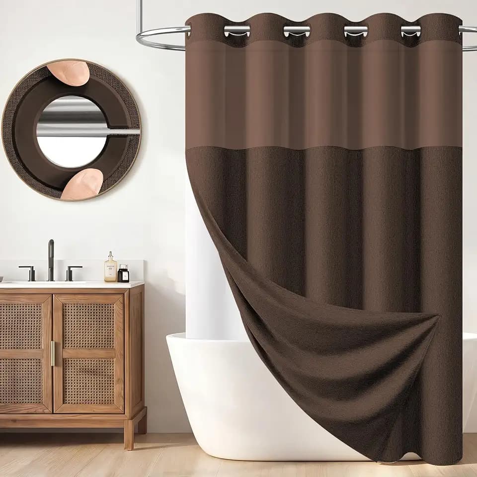 BTTN Brown Ringless Linen Textured Shower Curtain with Snap in Liner, 72x75