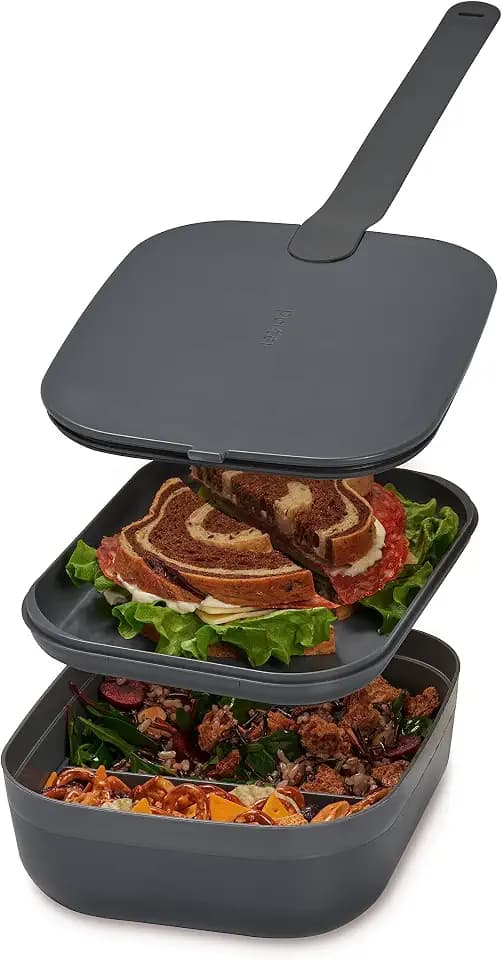W&P Porter Bento Lunch Box, 3 Compartment Bento Box Portable Adult Lunch Box with Snap Strap- Food Container, BPA Free, Dishwasher and Microwave Safe, Charcoal, Medium