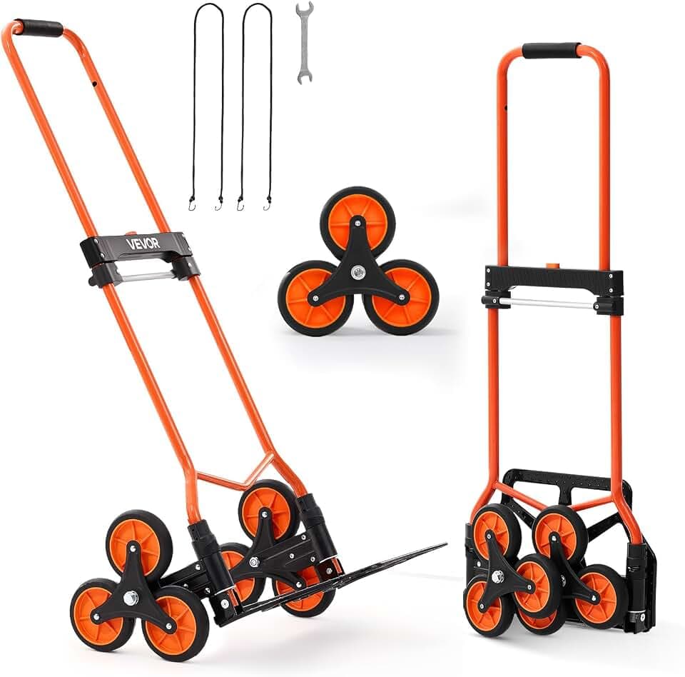 VEVOR Treppensackkarre klappbar, Sackkarre 54 kg Tragkraft, Treppensteiger mit Teleskopgriff, 6 Rädern & 2 Spanngurten, Transportkarre, Treppenkarre, ideal für Haushalt, Einkauf & Lager