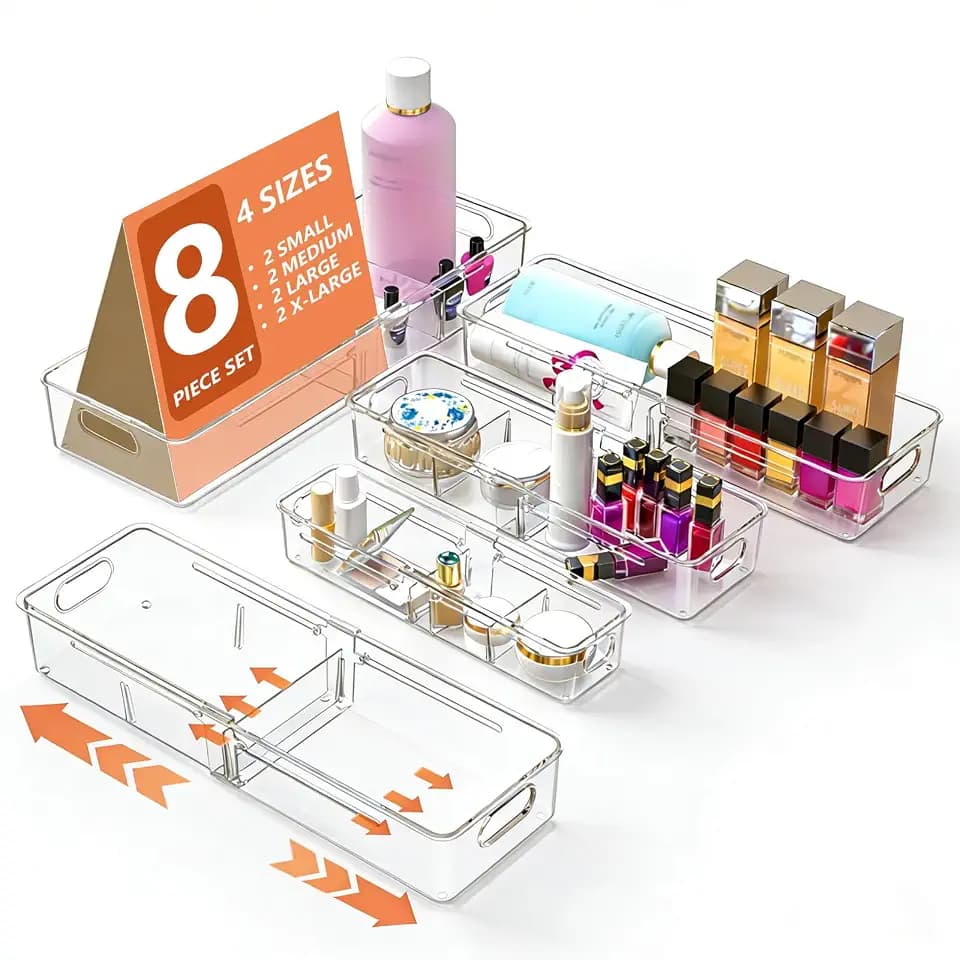 REBECAT 4-Size Expandable Drawer Organizer 8 Pack Plastic Storage Bins