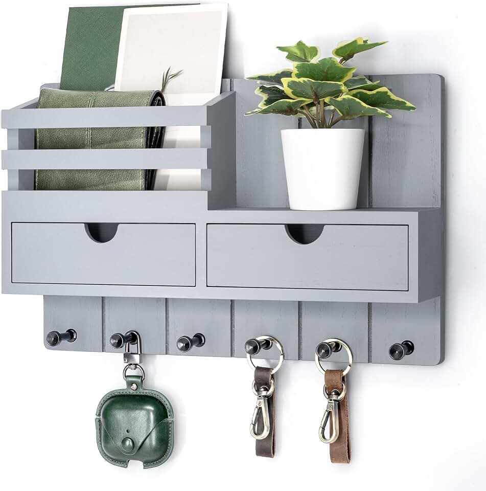 Rebee Vision Key Holder Wall Mount with 2 Drawers for Home Decor, Gray