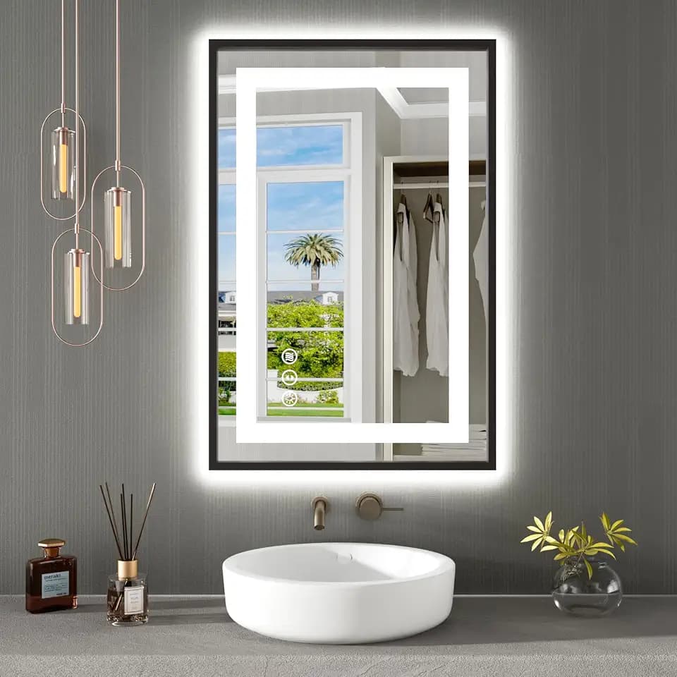 Amorho 24"X36" LED Bathroom Mirror with Black Frame, Front Lit and Backlit