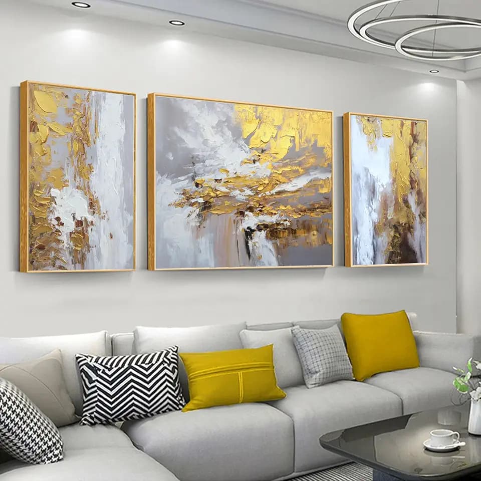 Hand Painted Abstract Canvas Wall Art for Living Room,Large Framed Gold Oil Painting For Bedroom, 3 pcs Wall Painting for Office Wall Décor 24" x 64"
