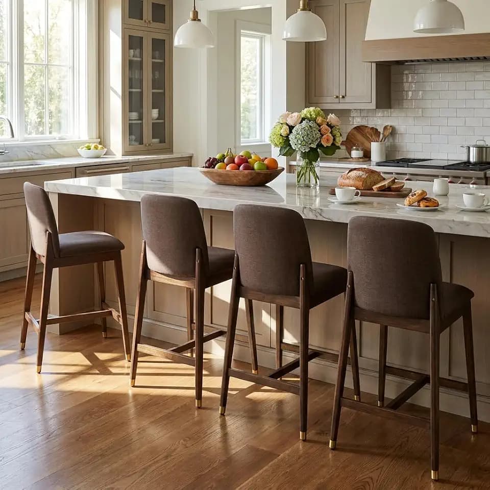 Merax Wood Bar Stools Set of 4, 26.75" Taupe Upholstered Barstools, Walnut